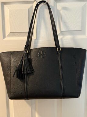 Tory Burch Black Pebbled Leather Tote with Tassel Charm